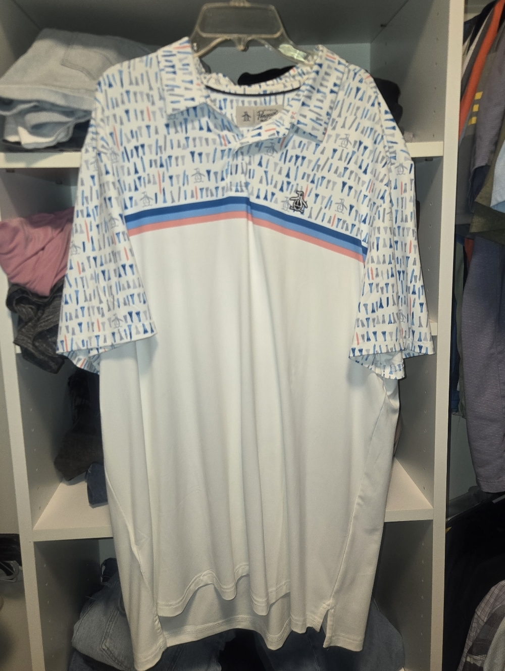 Original Penguin White Polo with Light Blue and Pink Stripe Accents
